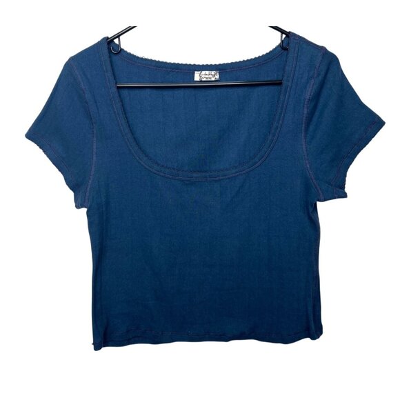 Free People Intimately End Game Pointelle Baby Tee Navy Blue Scoop Neck Large - Picture 8 of 10